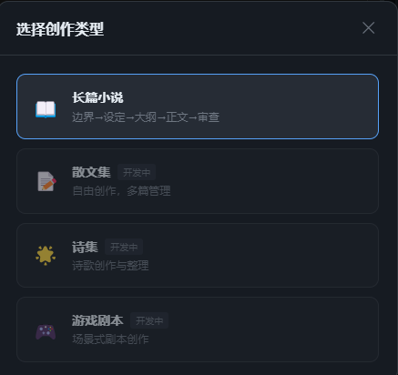 目前只支持长篇小说创作